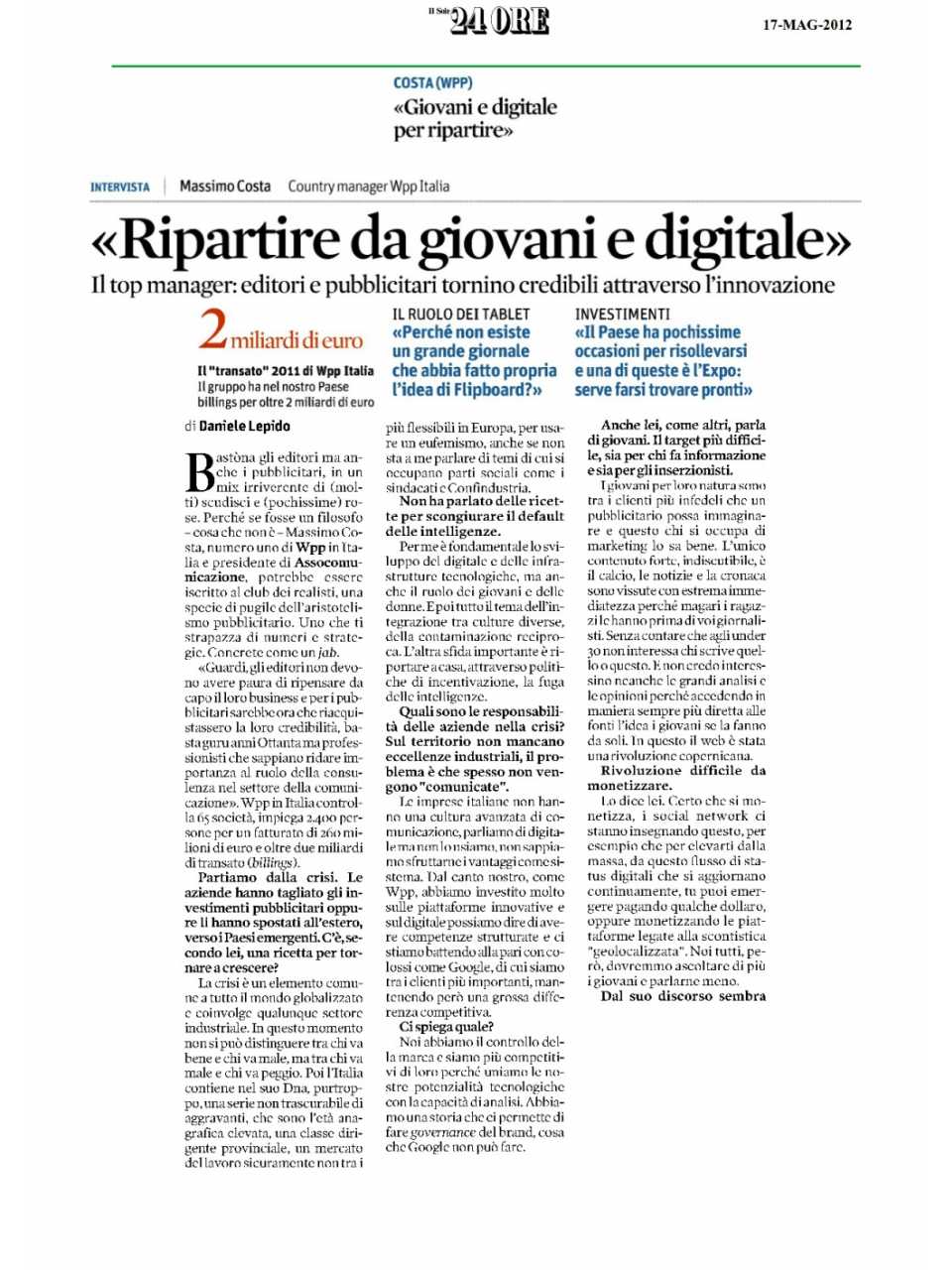 Intervista a Massimo Costa - Ripartire da giovani e digitale