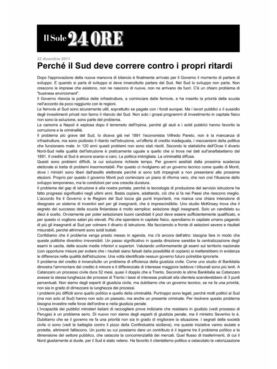 Perchè il Sud deve correre contro i propri ritardi