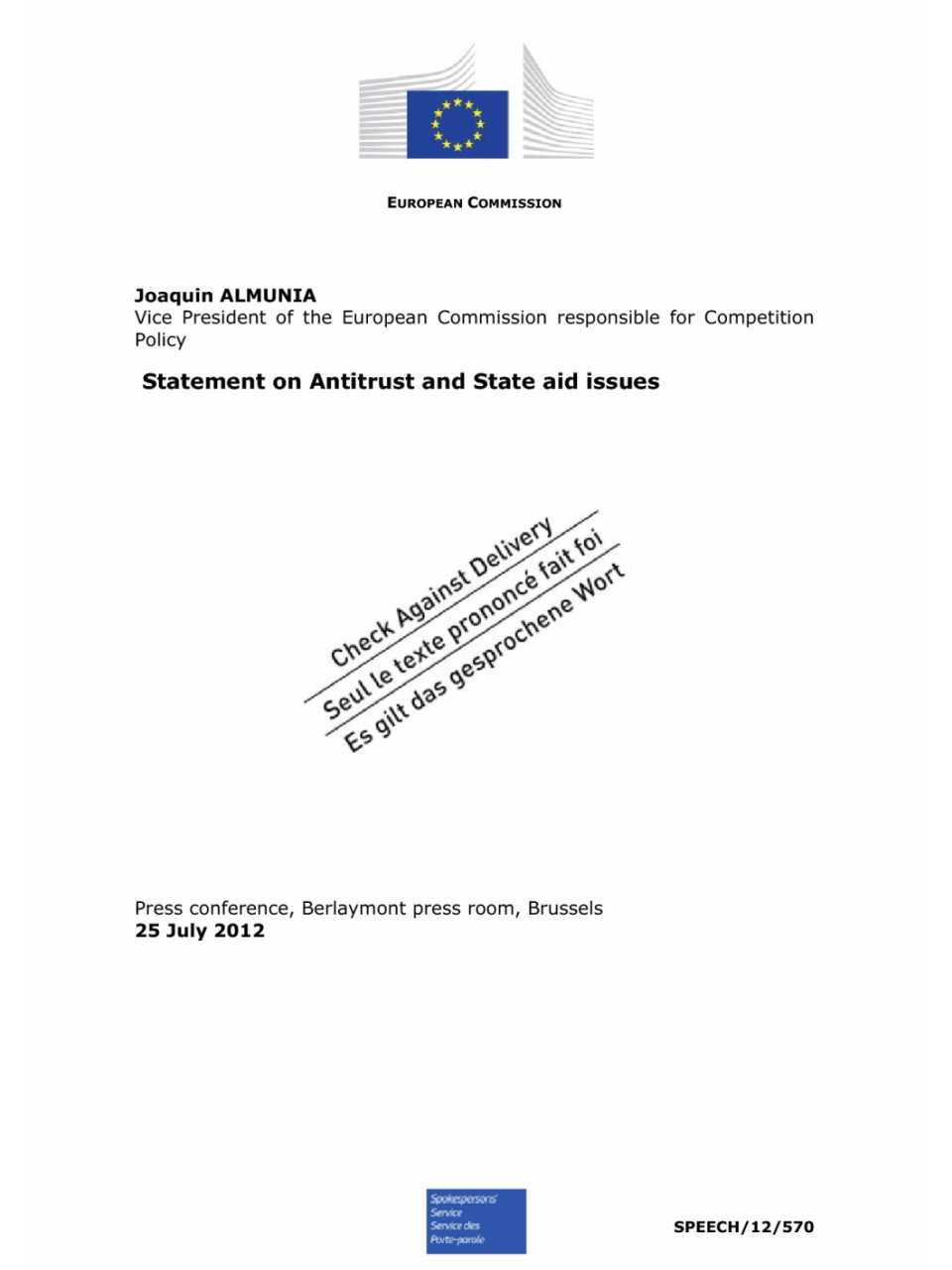 Statement on antitrust and state aid issues