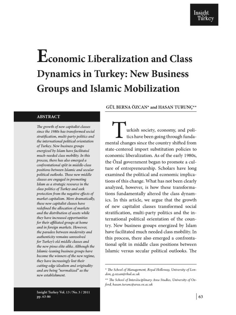 Economic liberalization and class dynamics in Turkey: new business groups and islamic mobilization