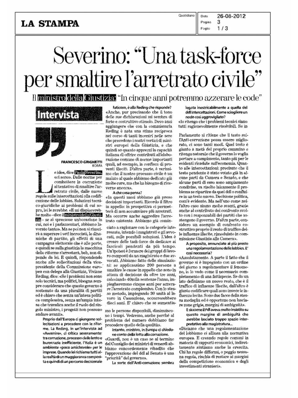 Severino: Una task-force per smaltire l'arretrato civile
