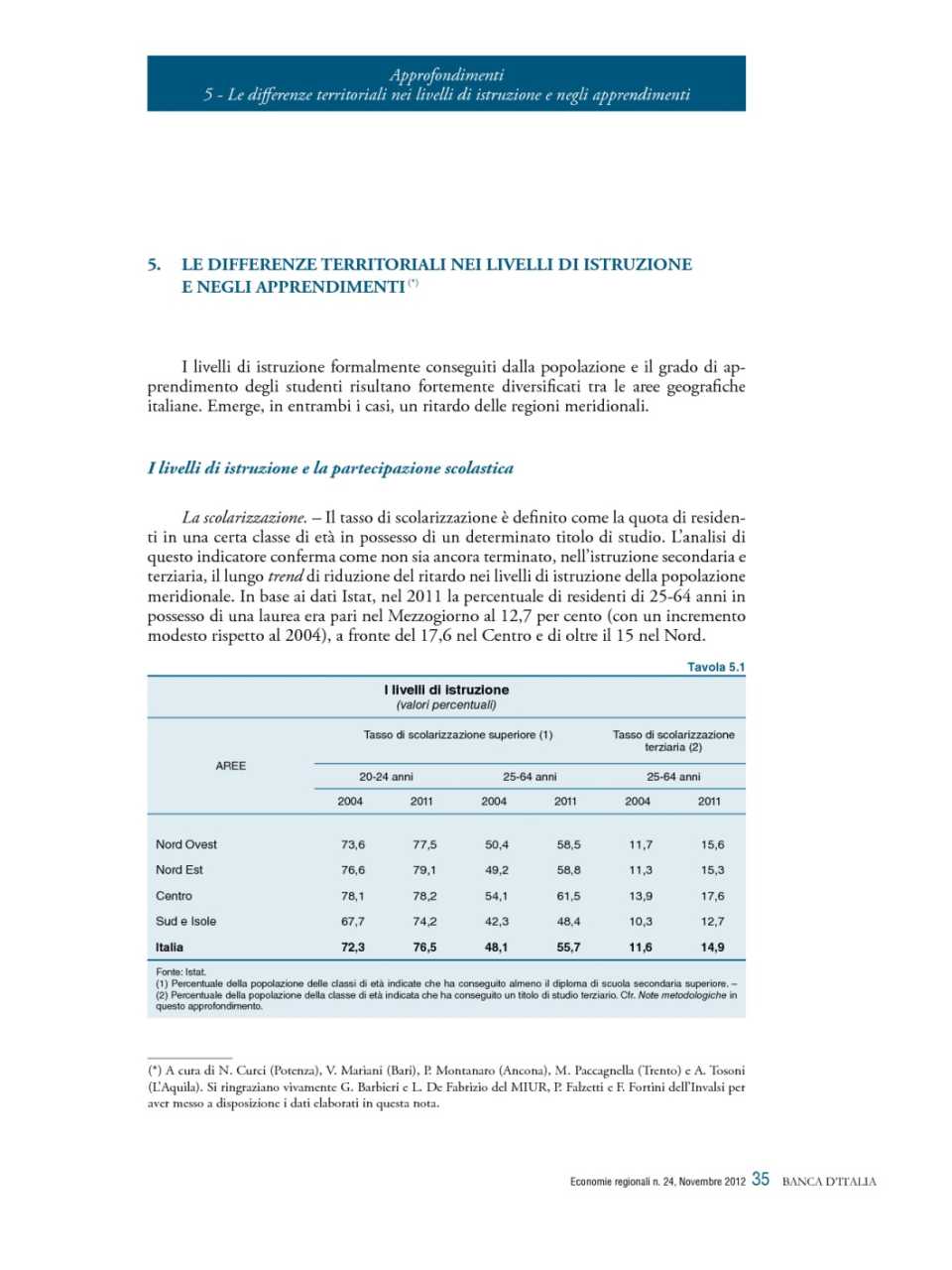 Le differenze territoriali nei livelli di istruzione e negli apprendimenti