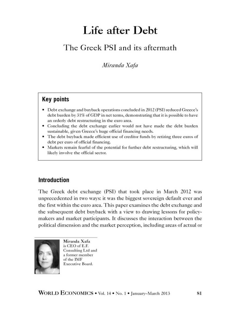Life after debt the Greek PSI and its aftermath