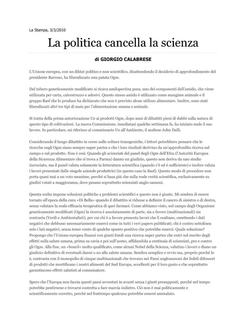 La politica cancella la scienza