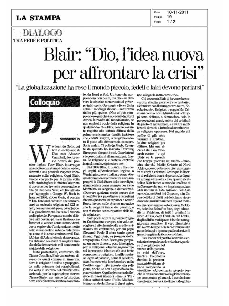 Blair: Dio, l'idea nuova per affrontare la crisi