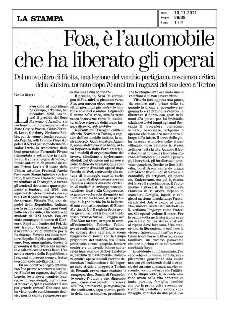 Foa, è l'automobile che ha liberato gli operai