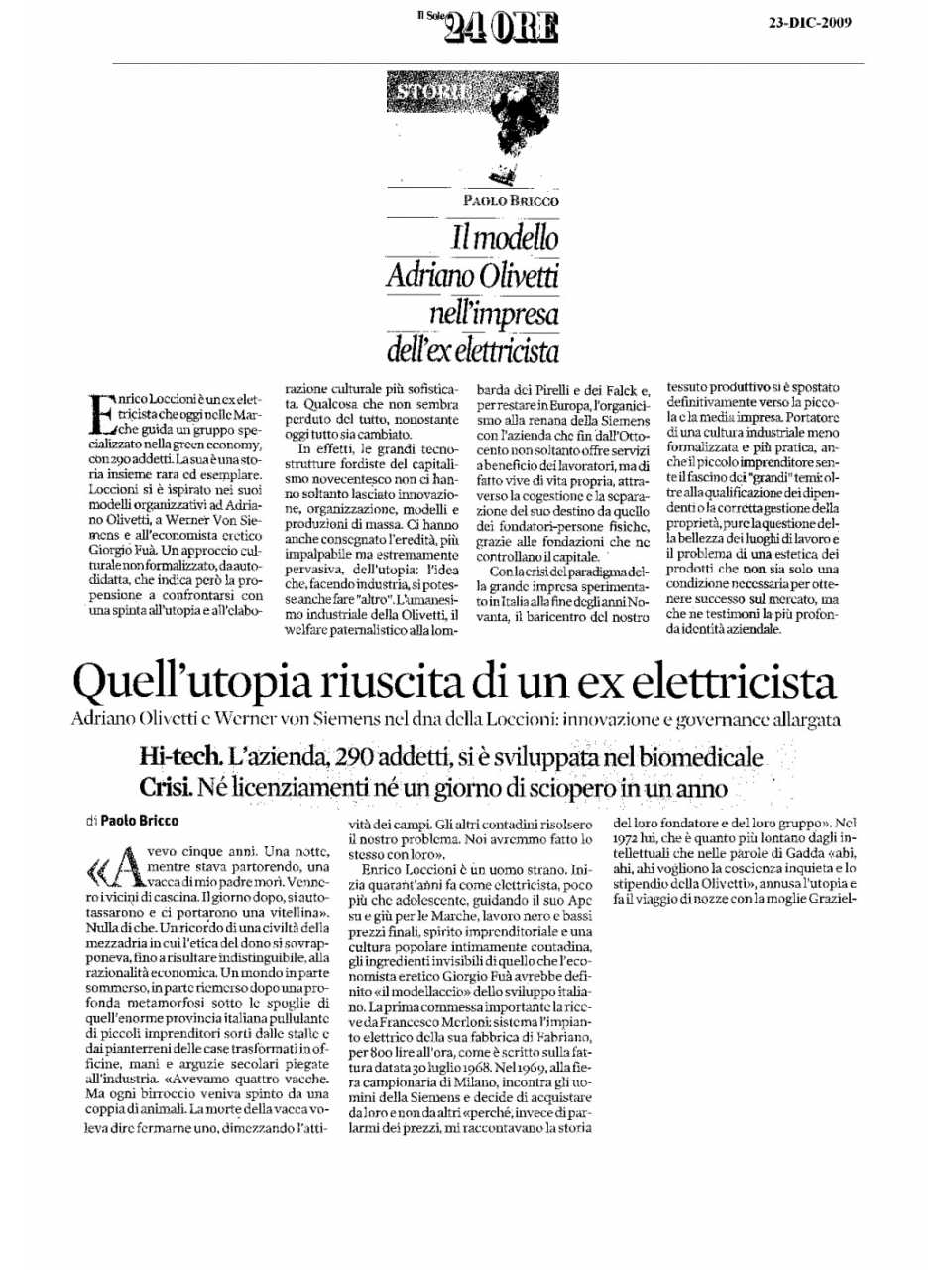 Il modello Adriano Olivetti nell'impresa dell'ex elettricista
