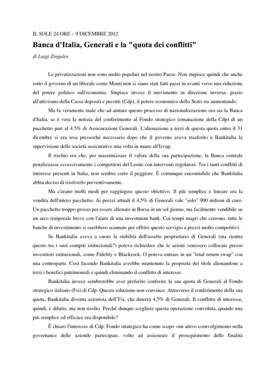 Banca d'Italia, Generali e la quota dei conflitti