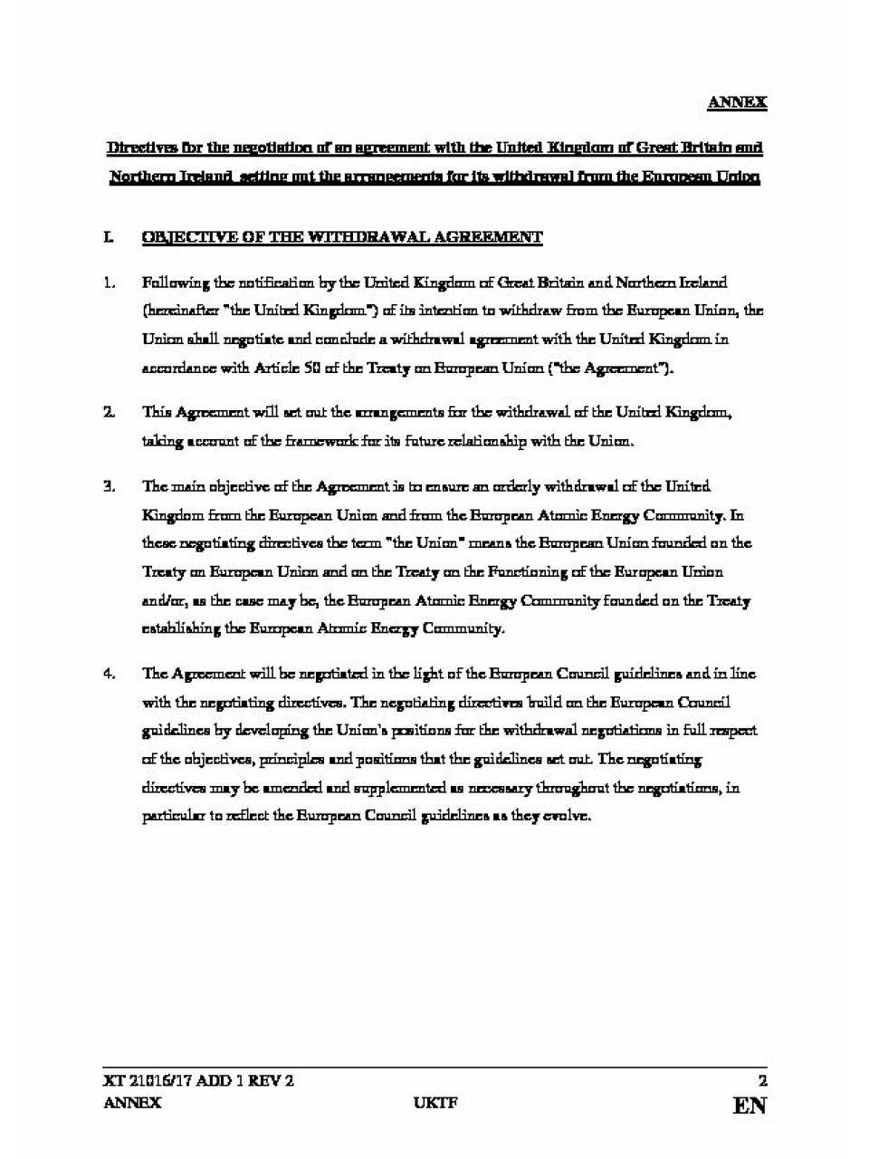 Directives for the Negotiation of an Agreement with the United Kingdom of Great Britain and Northern Ireland setting out the Arrangements for its With