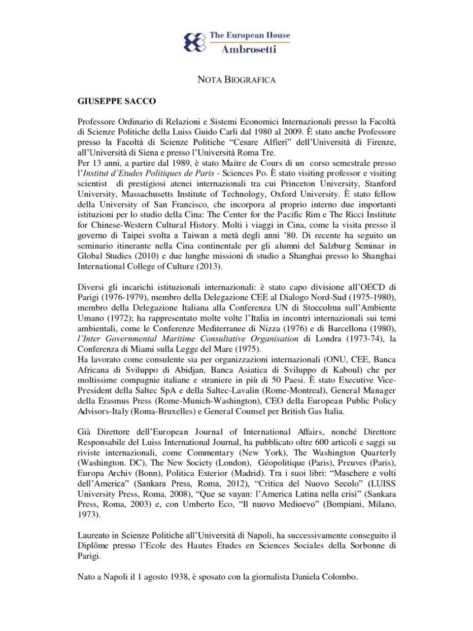 Nota biografica - Giuseppe Sacco