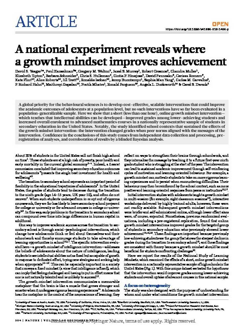 A national experiment reveals where a growth mindset improves achievement
