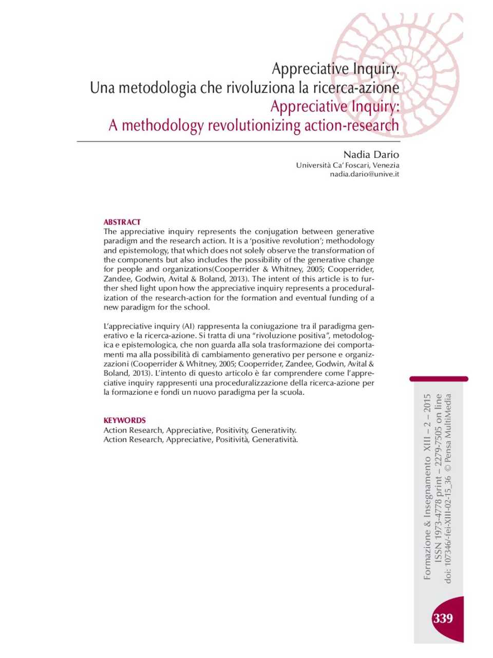 Appreciative Inquiry. Una metodologia che rivoluziona la ricerca-azione