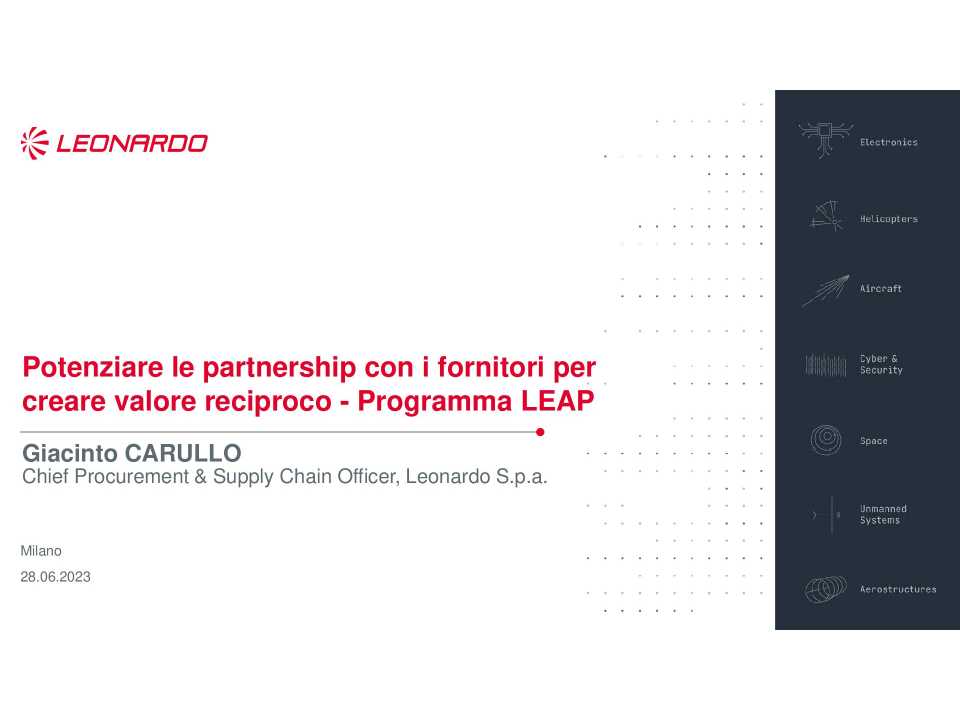 AGGIORNAMENTO PERMANENTEIN PRESENZA E VIA WEB
Affrontare le nuove sfide di Procurement e Supply Chain. Le esperienze di Leonardo e Webuild