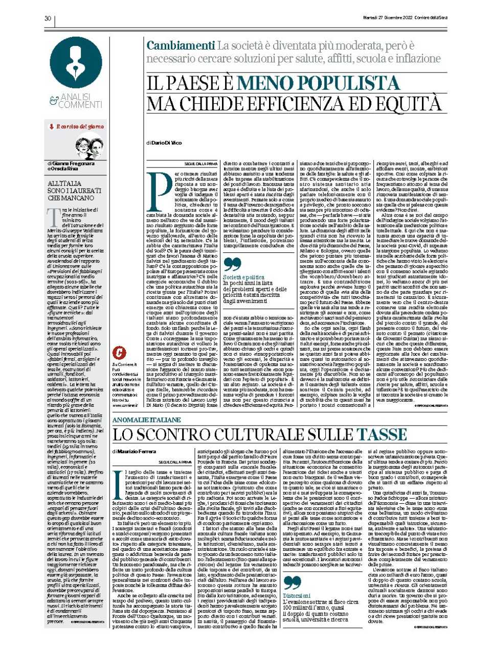 Il Paese è meno populista ma chiede efficienza ed equità