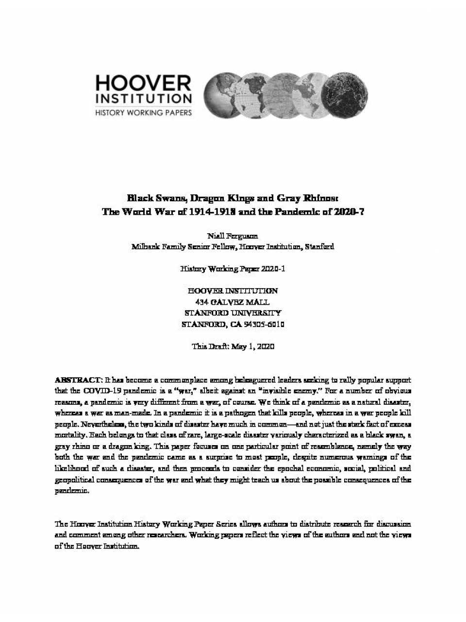 Black Swans, Dragon Kings and Gray Rhinos: the world war of 1914-1918 and the pandemic of 2020?