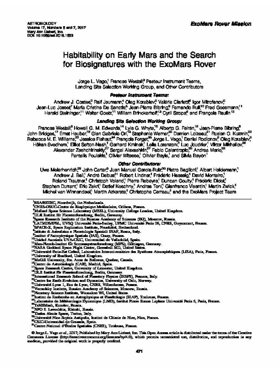 Habitability on early mars and the search for biosignatures with the exomars rover