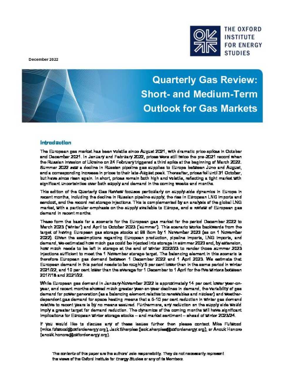 Quarterly gas review: short- and medium-term outlook for gas markets