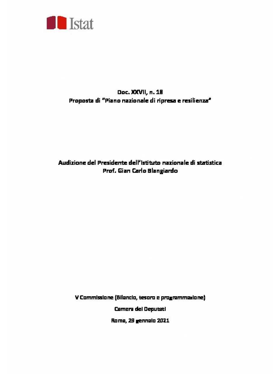Proposta di “Piano nazionale di ripresa e resilienza” - Audizione del Presidente dell’Istituto nazionale di statistica