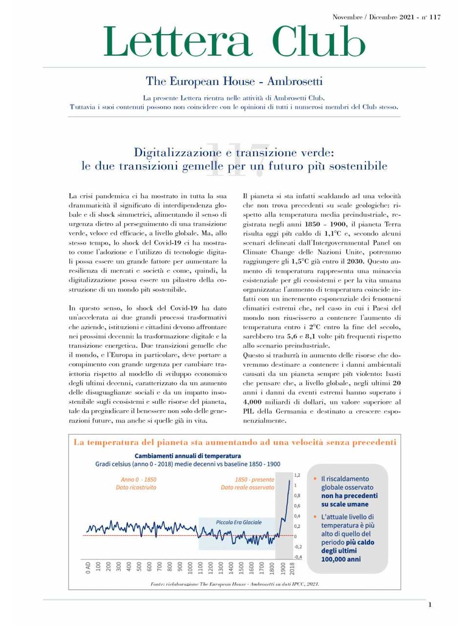 Lettera Club n. 117 - Digitalizzazione e transizione verde: le due transizioni gemelle per un futuro più sostenibile
