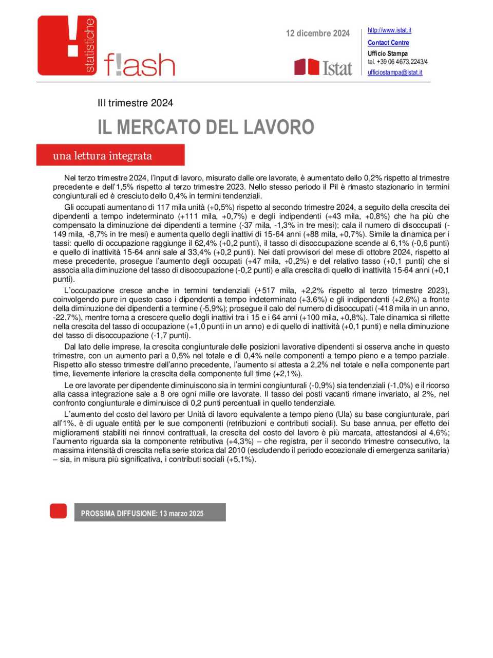 Il mercato del lavoro – III Trimestre 2024