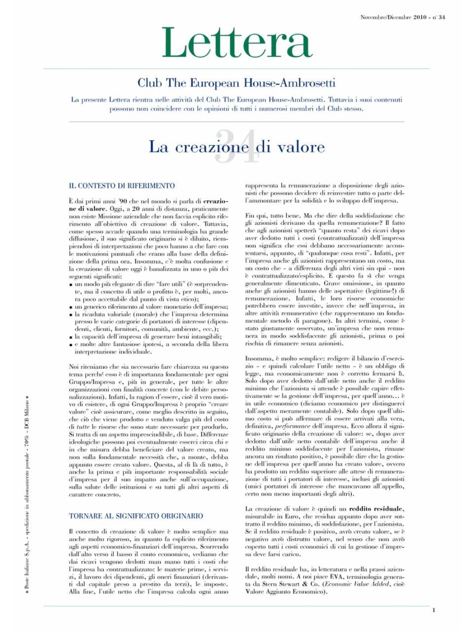 Lettera Club n. 34 - La creazione di valore