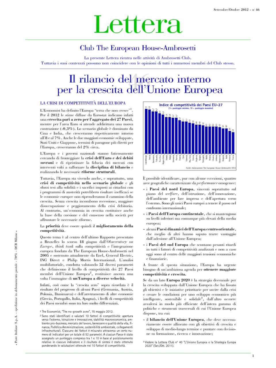 Lettera Club N. 46 - Il rilancio del mercato interno per la crescita dell'Unione Europea