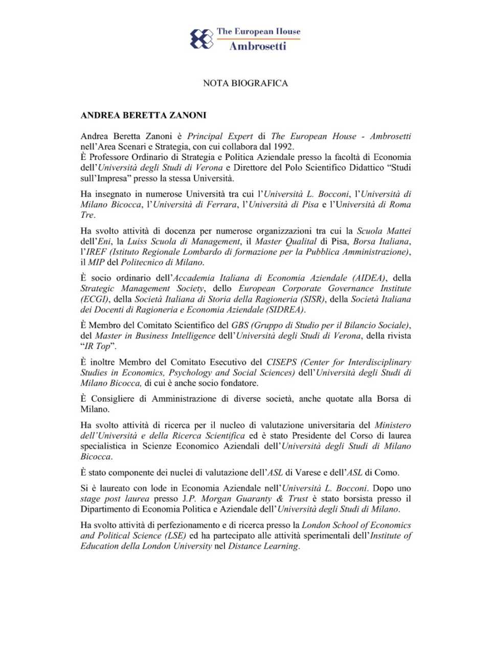 Nota biografica - Andrea Beretta Zanoni