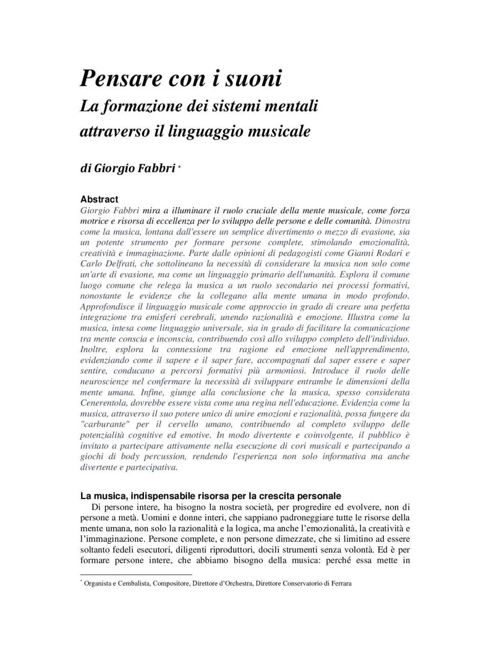 Pensare con i suoni. La formazione dei sistemi mentali attraverso il linguaggio musicale