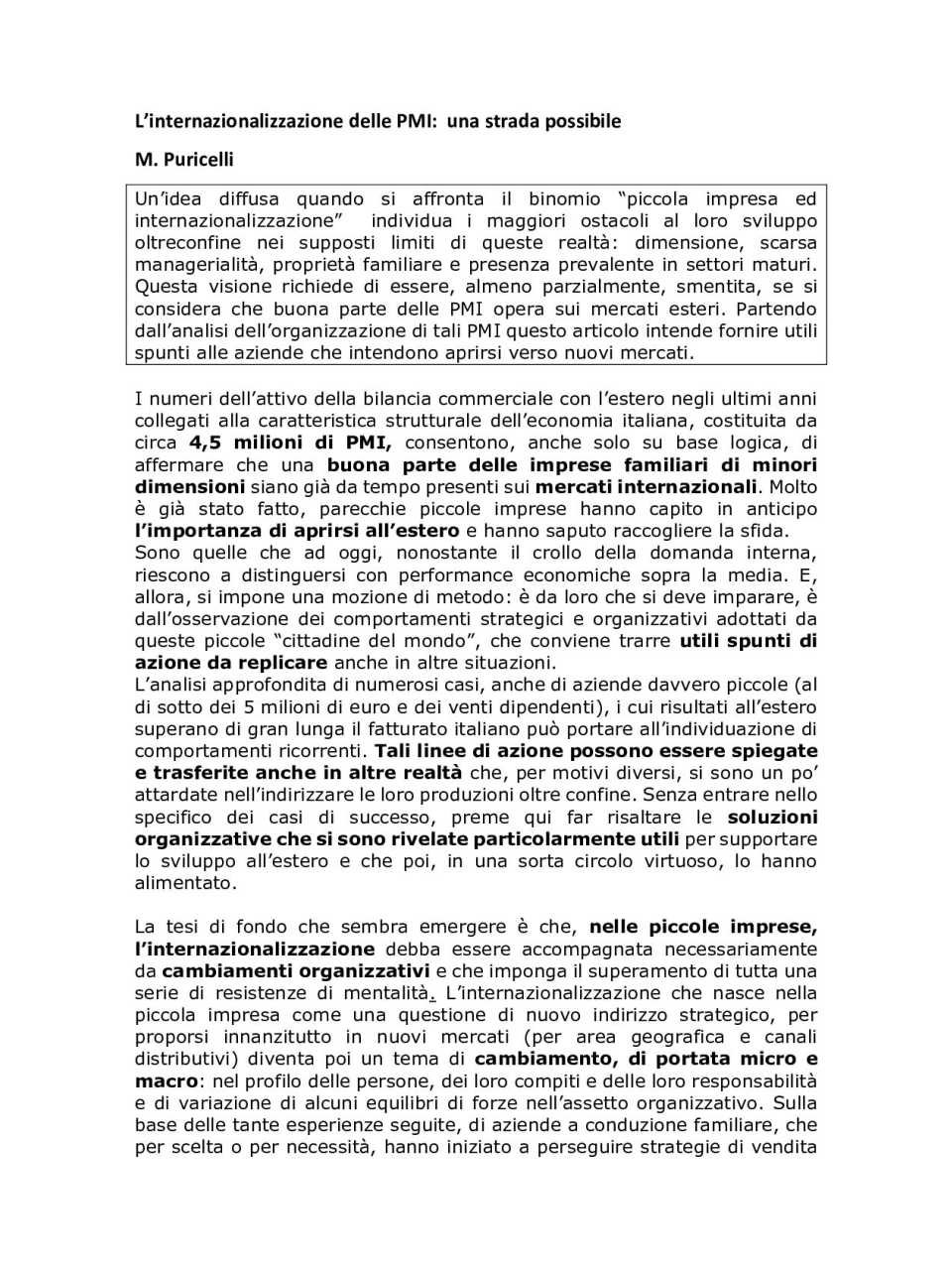 L’internazionalizzazione delle PMI: una strada possibile