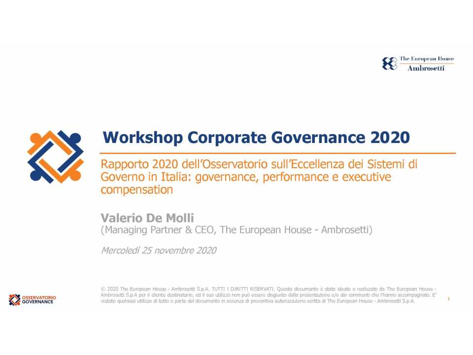 Rapporto 2020 dell’Osservatorio sull’eccellenza dei sistemi di governo in Italia: Governance, performance e executive compensation