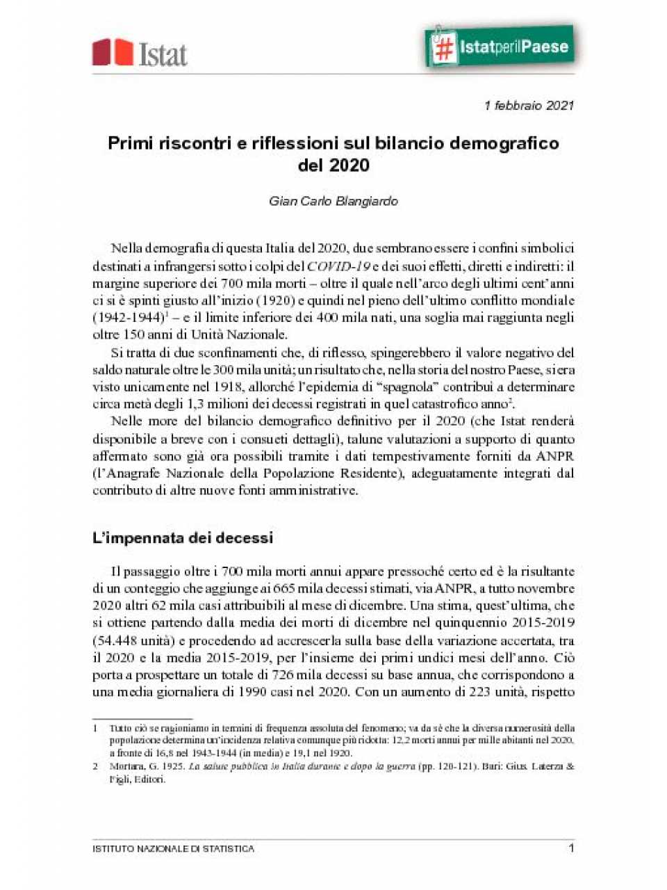 Primi riscontri e riflessioni sul bilancio demografico del 2020
