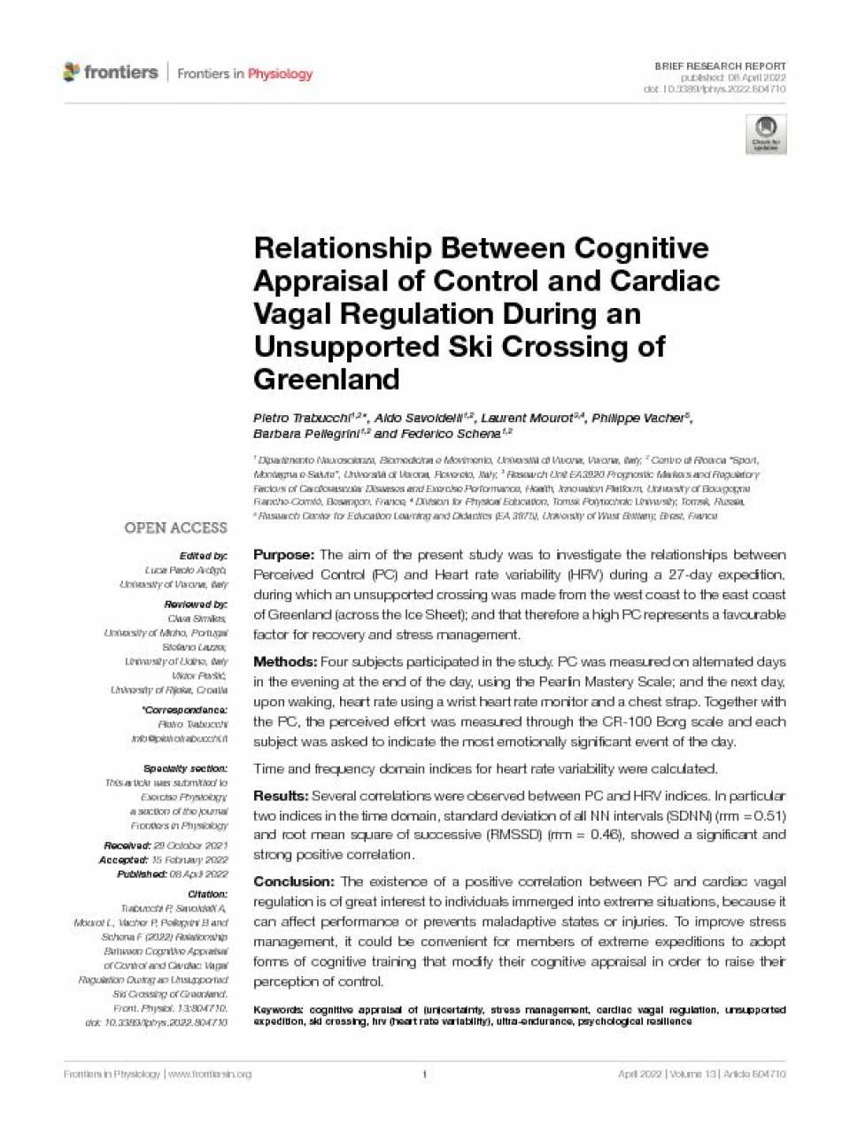 Relationship between cognitive appraisal of control and cardiac vagal regulation during an unsupported ski crossing of Greenland