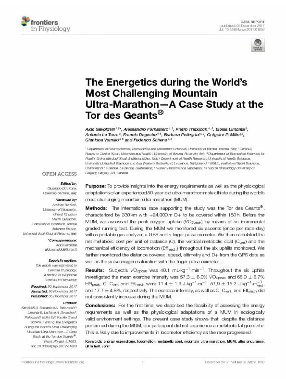 The energetics during the world’s most challenging mountain ultra-marathon—A case study at the Tor des Geants®