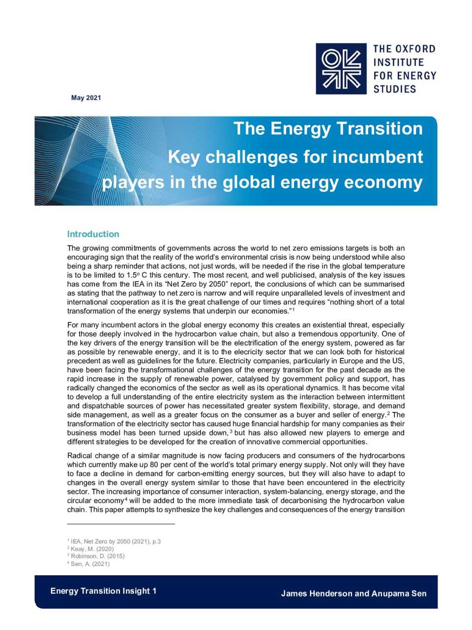 The Energy Transition: key challenges for incumbent players in the global energy economy