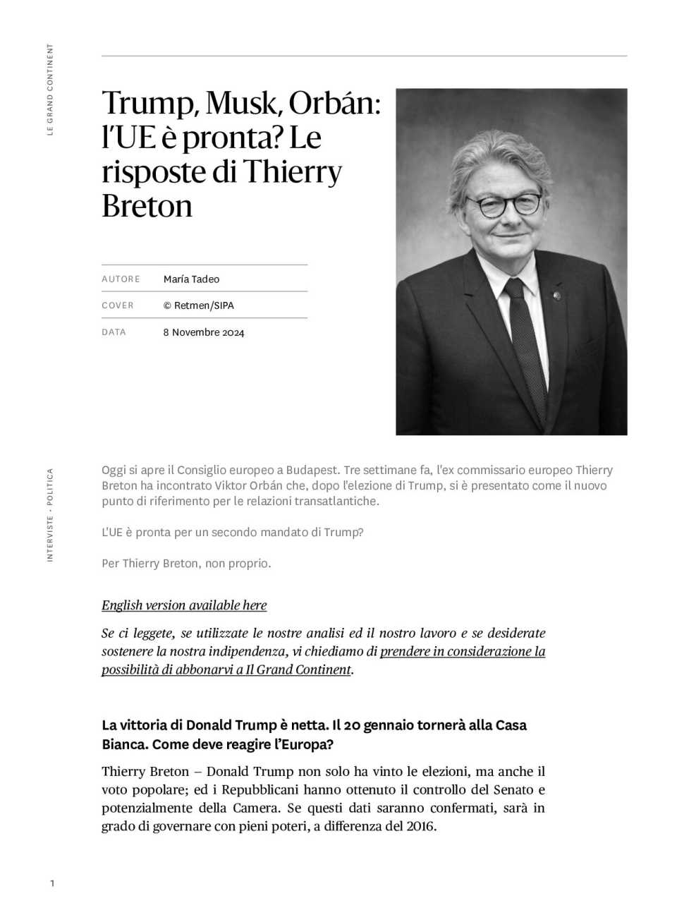 Trump, Musk, Orbán: l’UE è pronta? Le risposte di Thierry Breton