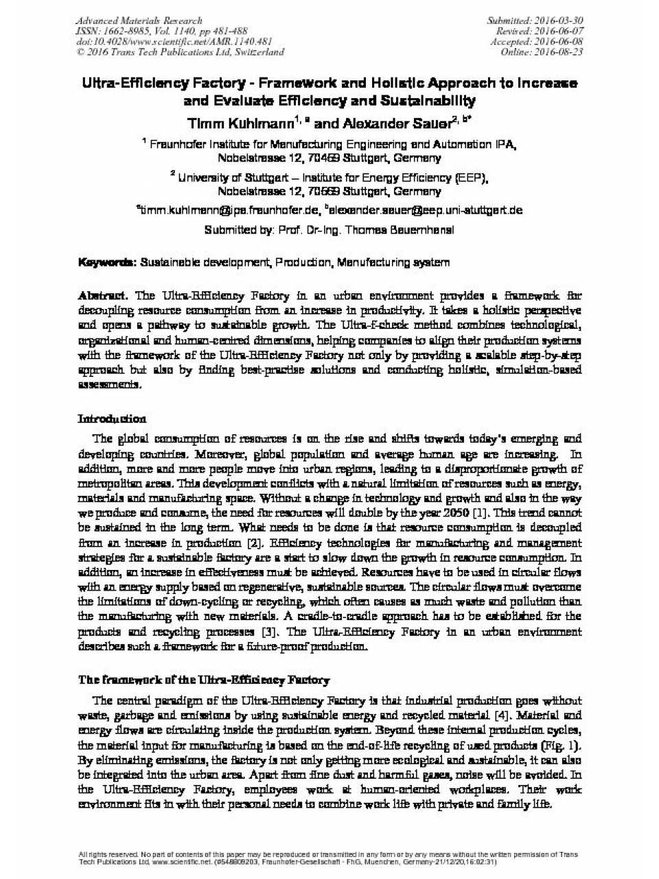 Ultra-efficiency factory - framework and holistic approach to increase and evaluate efficiency and sustainability