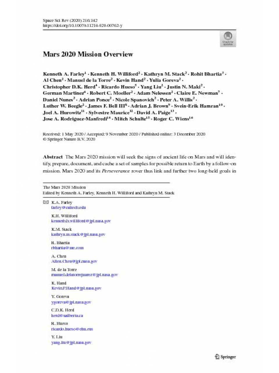 Mars 2020 mission overview