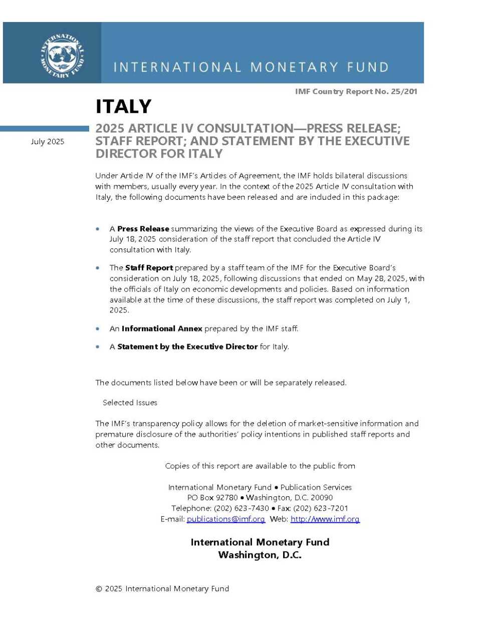 Italy: 2025 article IV consultation-press release; staff report; and statement by the executive director for Italy