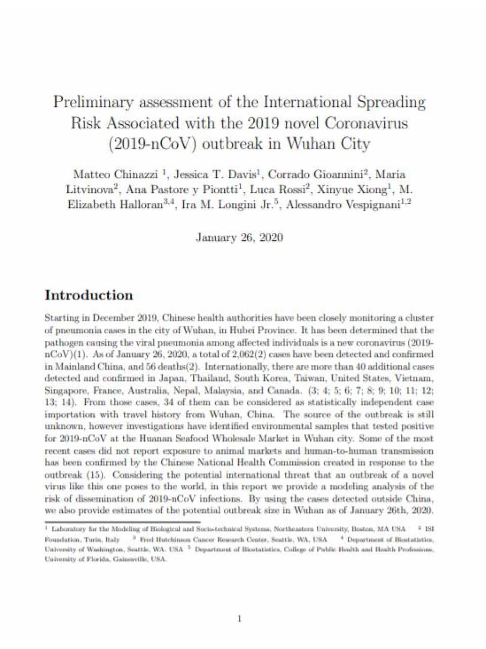 Preliminary assessment of the international spreading risk associated with the 2019 novel Coronavirus (2019-nCoV) outbreak in Wuhan city