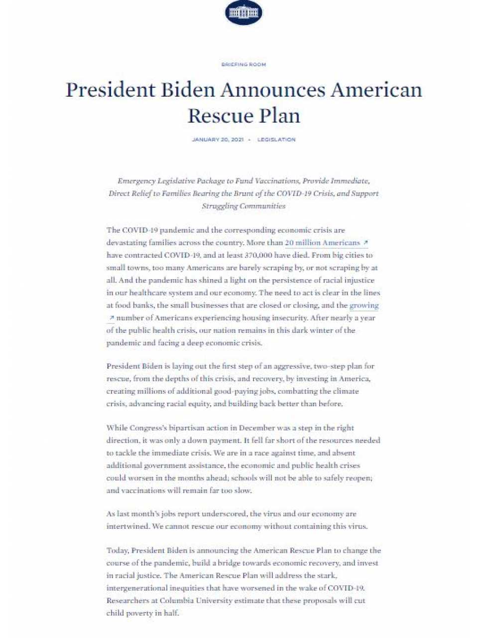 President Biden announces american rescue plan