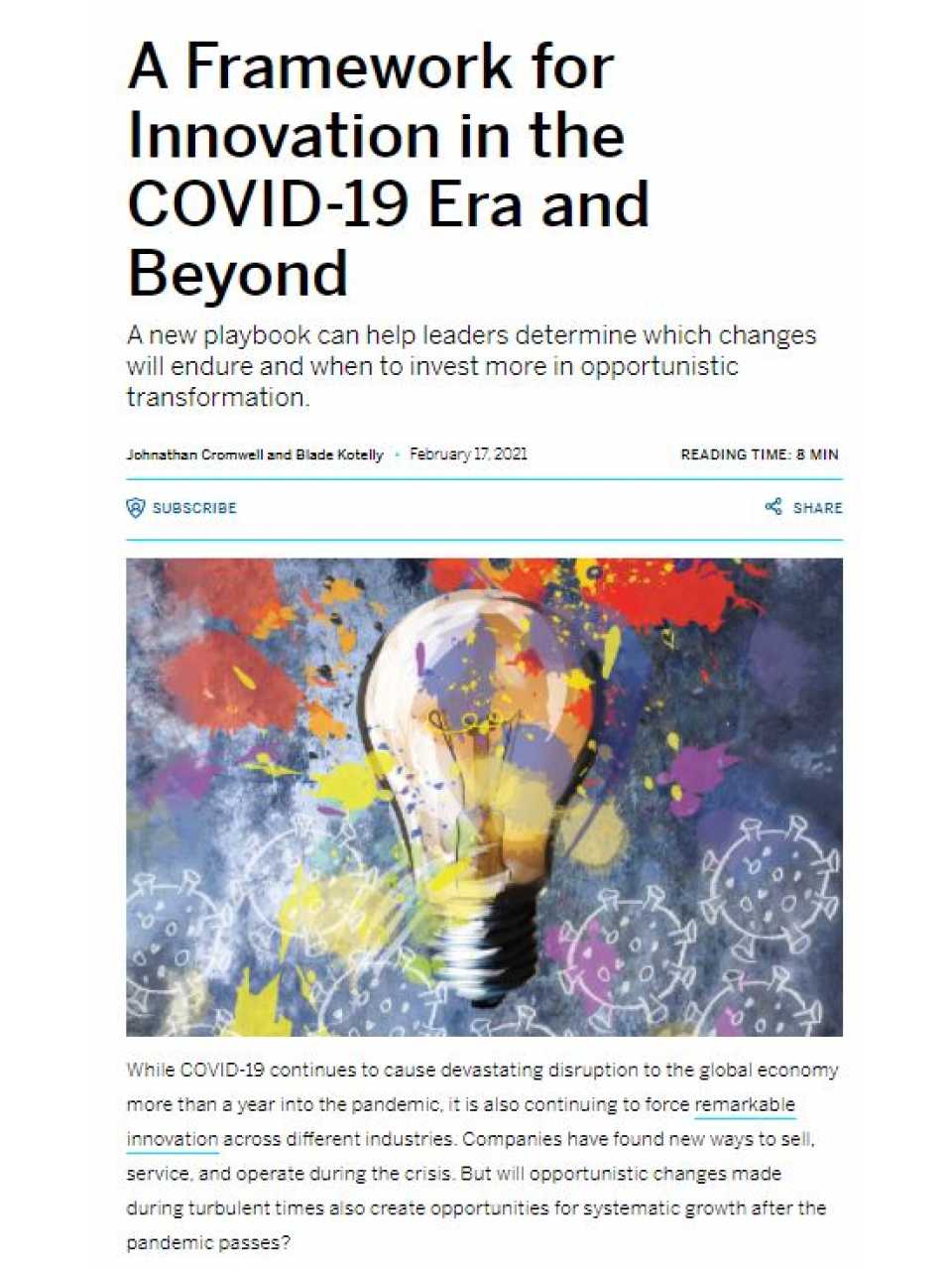 A framework for innovation in the COVID-19 era and beyond
