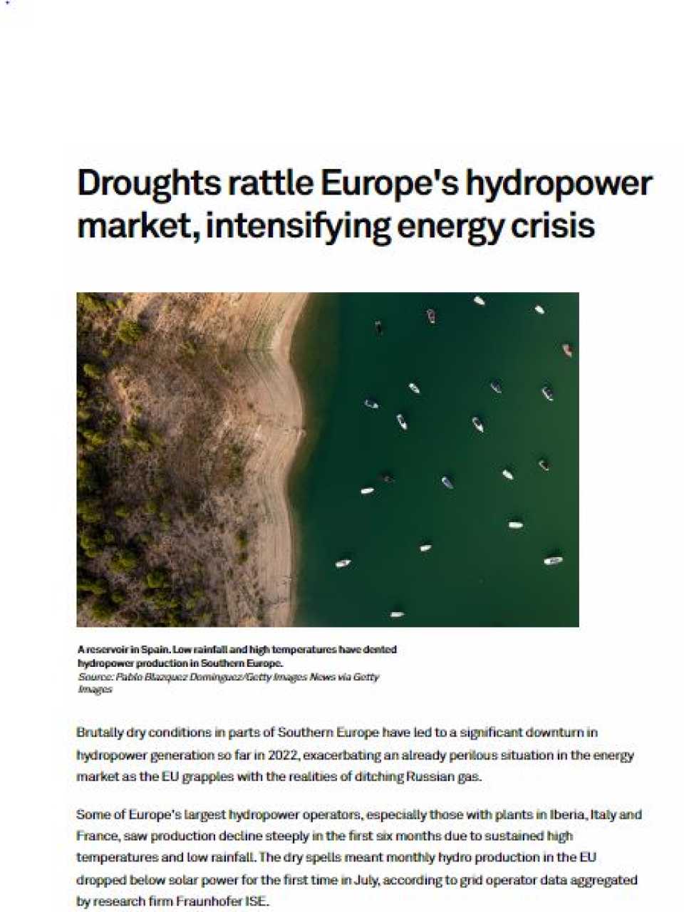 Droughts rattle Europe's hydropower market, intensifying energy crisis