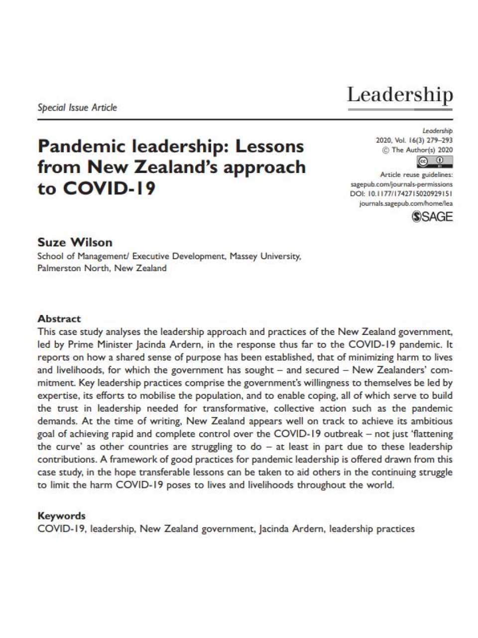 Pandemic leadership: Lessons from New Zealand's approach to COVID-19