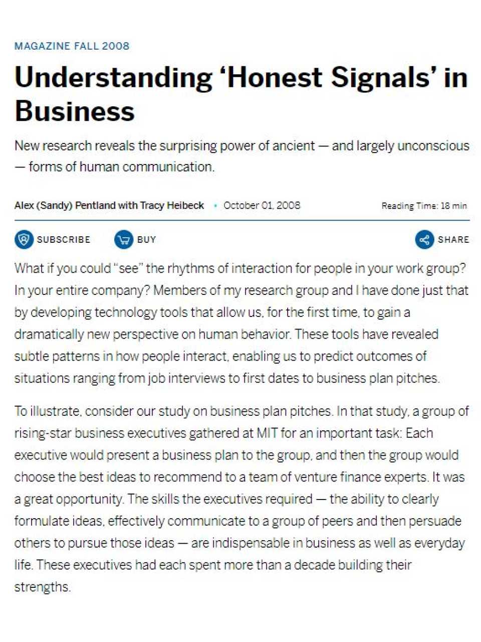 Understanding honest signals in business