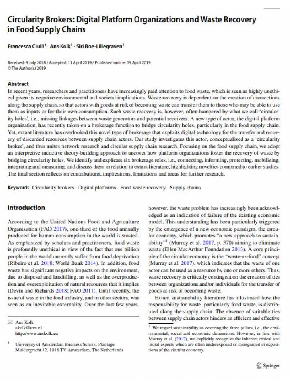 Circularity brokers: digital platform organizations and waste recovery in food supply chains