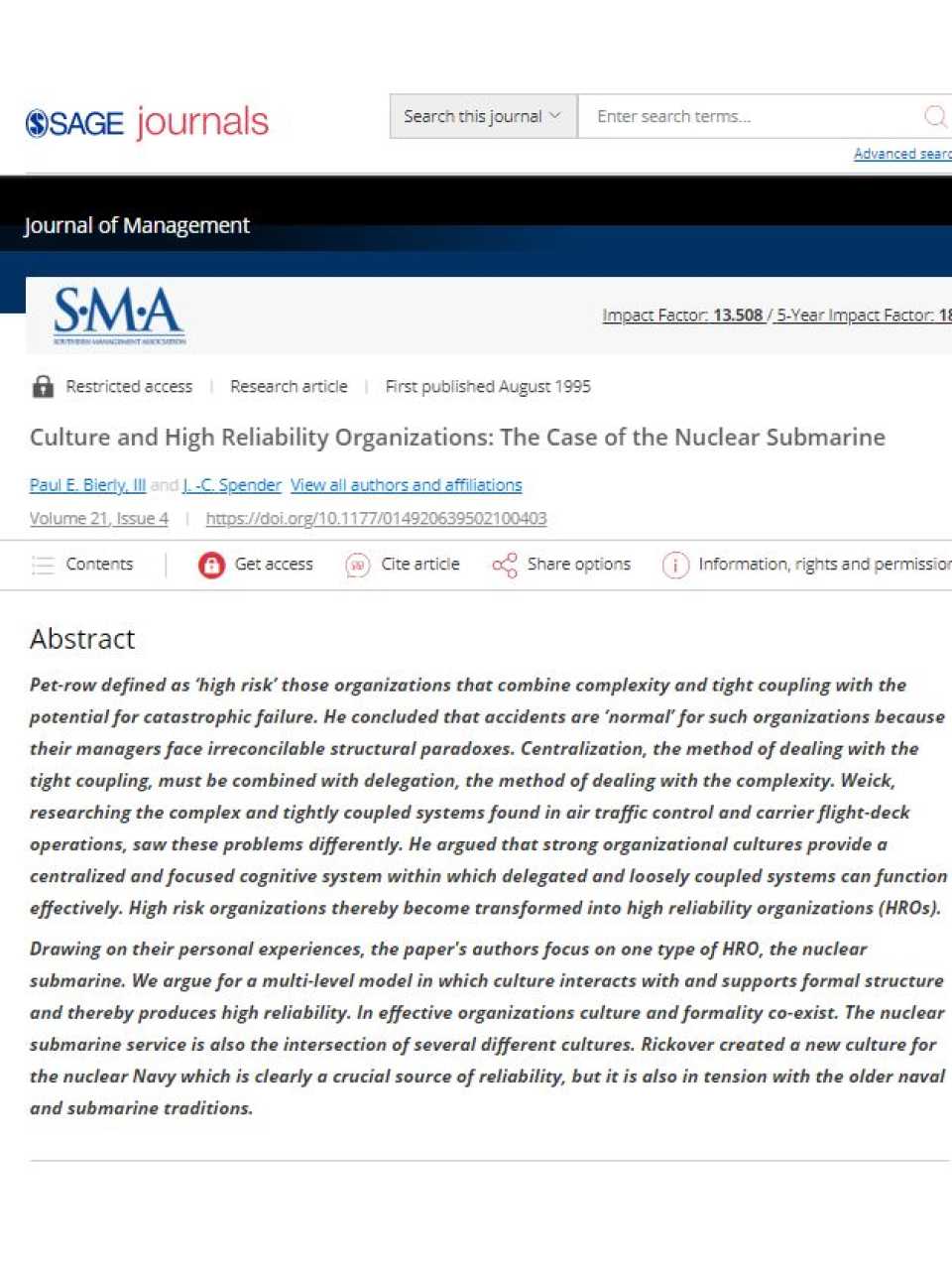 Culture and high reliability organizations: the case of the nuclear submarine