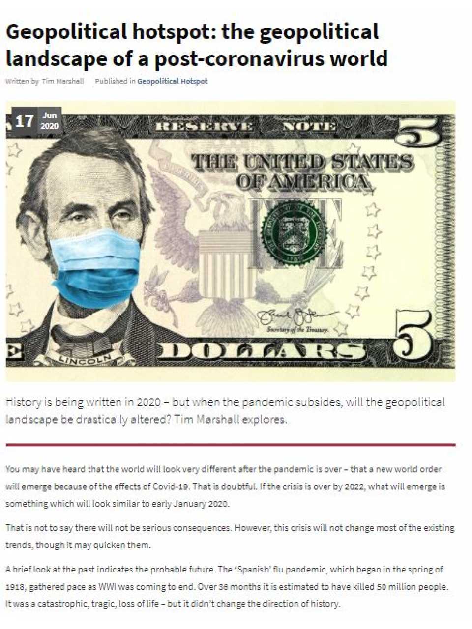 Geopolitical hotspot: the geopolitical landscape of a post-coronavirus world