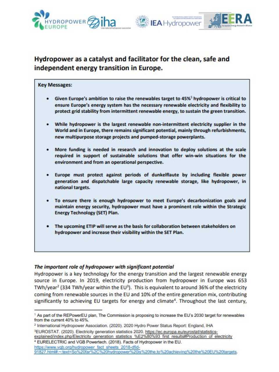 Hydropower as a catalyst and facilitator for the clean, safe and independent energy transition in Europe