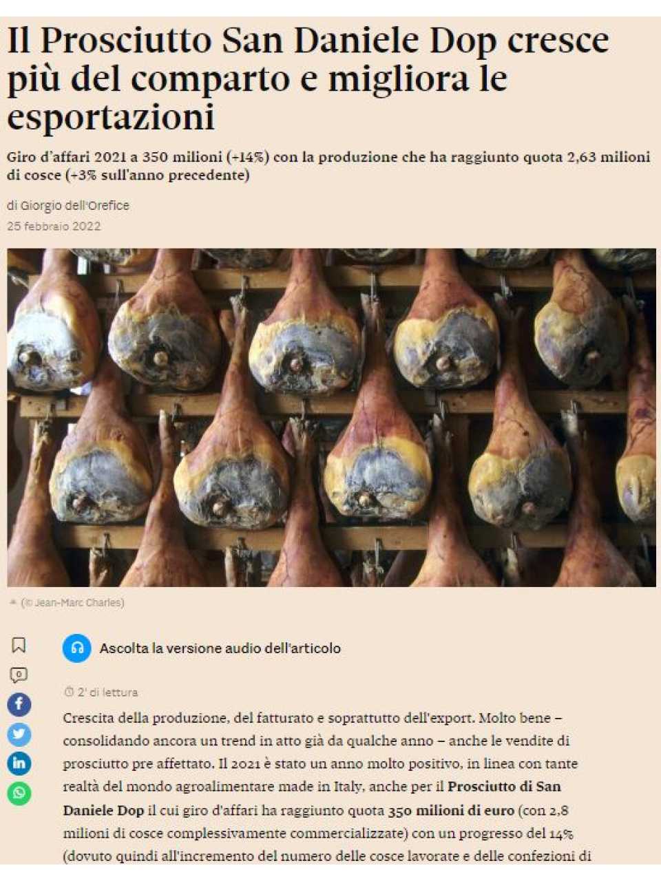 Il Prosciutto San Daniele Dop cresce più del comparto e migliora le esportazioni