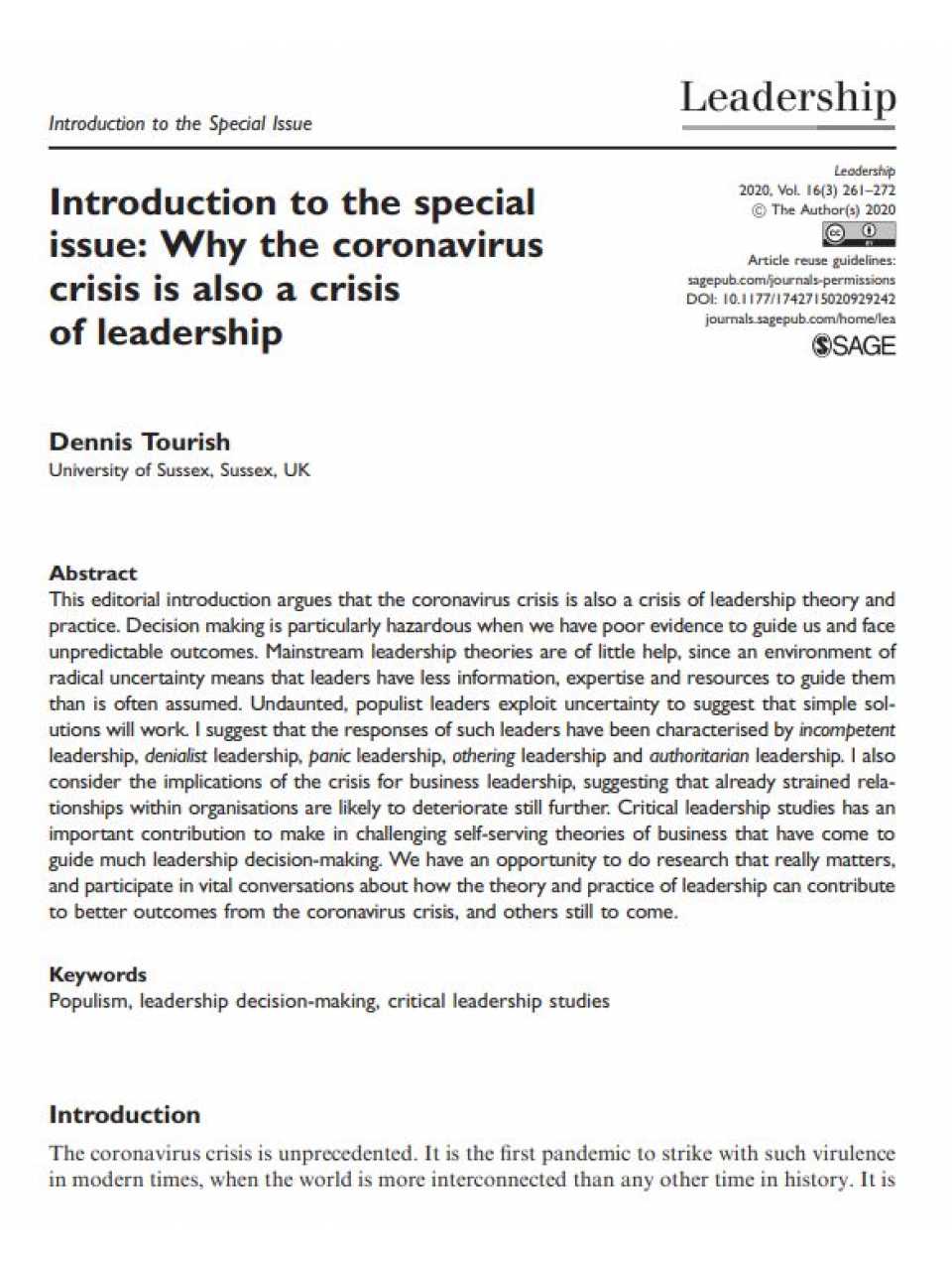 Introduction to the special issue: Why the coronavirus crisis is also a crisis of leadership